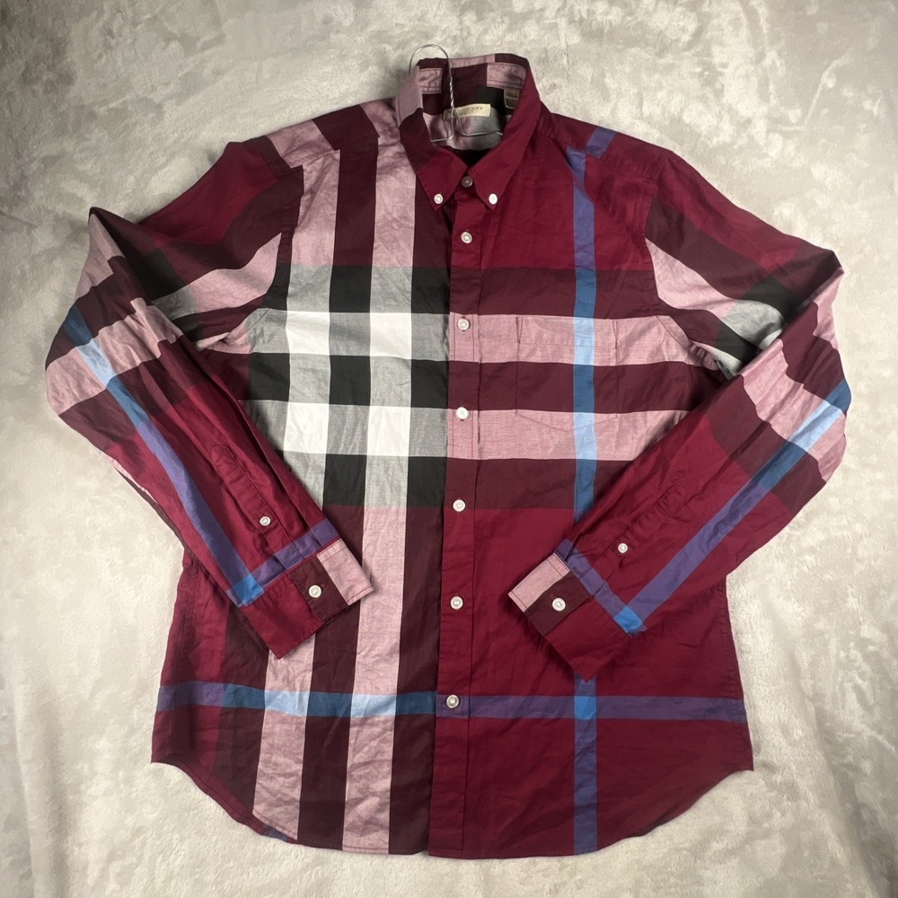 Burberry Brit Shirt Mens Size Large Red Nova Check Long Sleeve Button Luxury